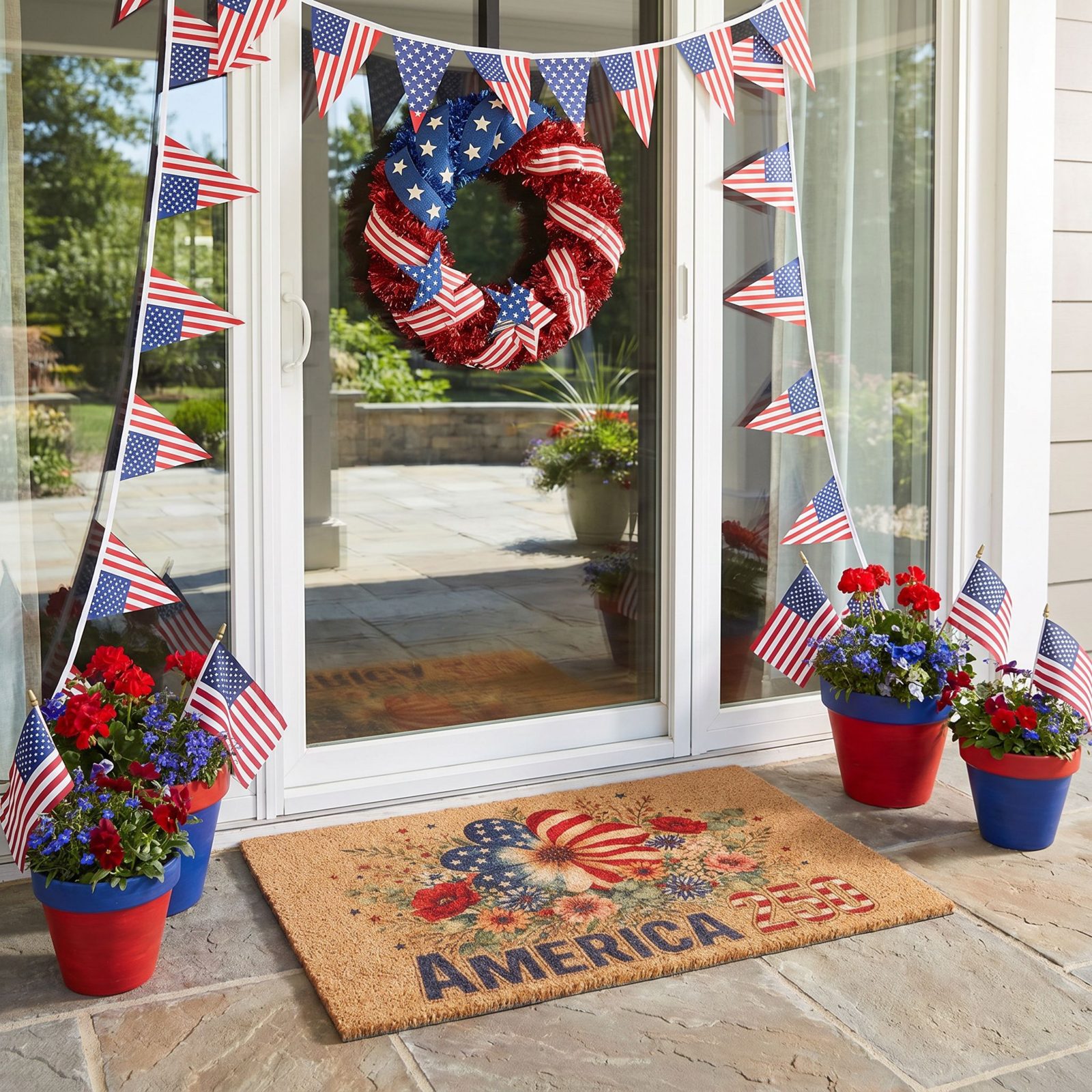 A patriotic front door styled with the America 250 doormat, a flag bunting banner, a wreath, and planters of red and blue blooms in soft daylight.