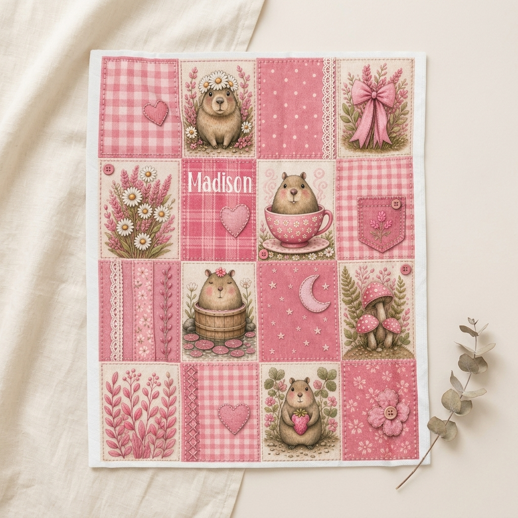 Pink patchwork capybara customizable blanket draped softly, Willow Mist Home