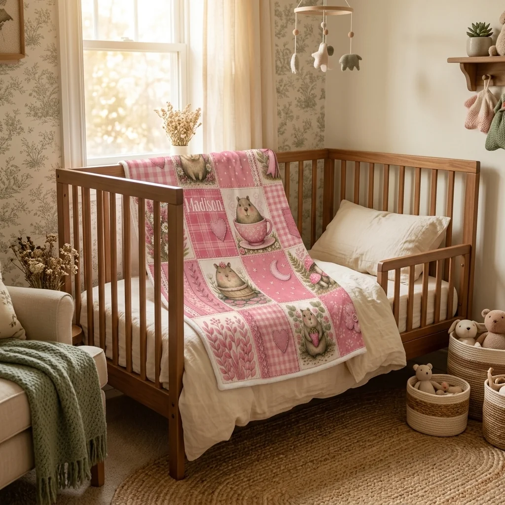 Pink patchwork capybara cozy throw blanket draped over bed in soft nursery light