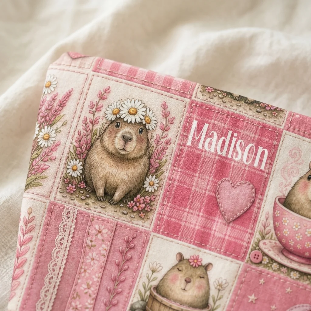 Close-up of patchwork velvet texture on the capybara blanket — gingham, florals, dusty rose squares