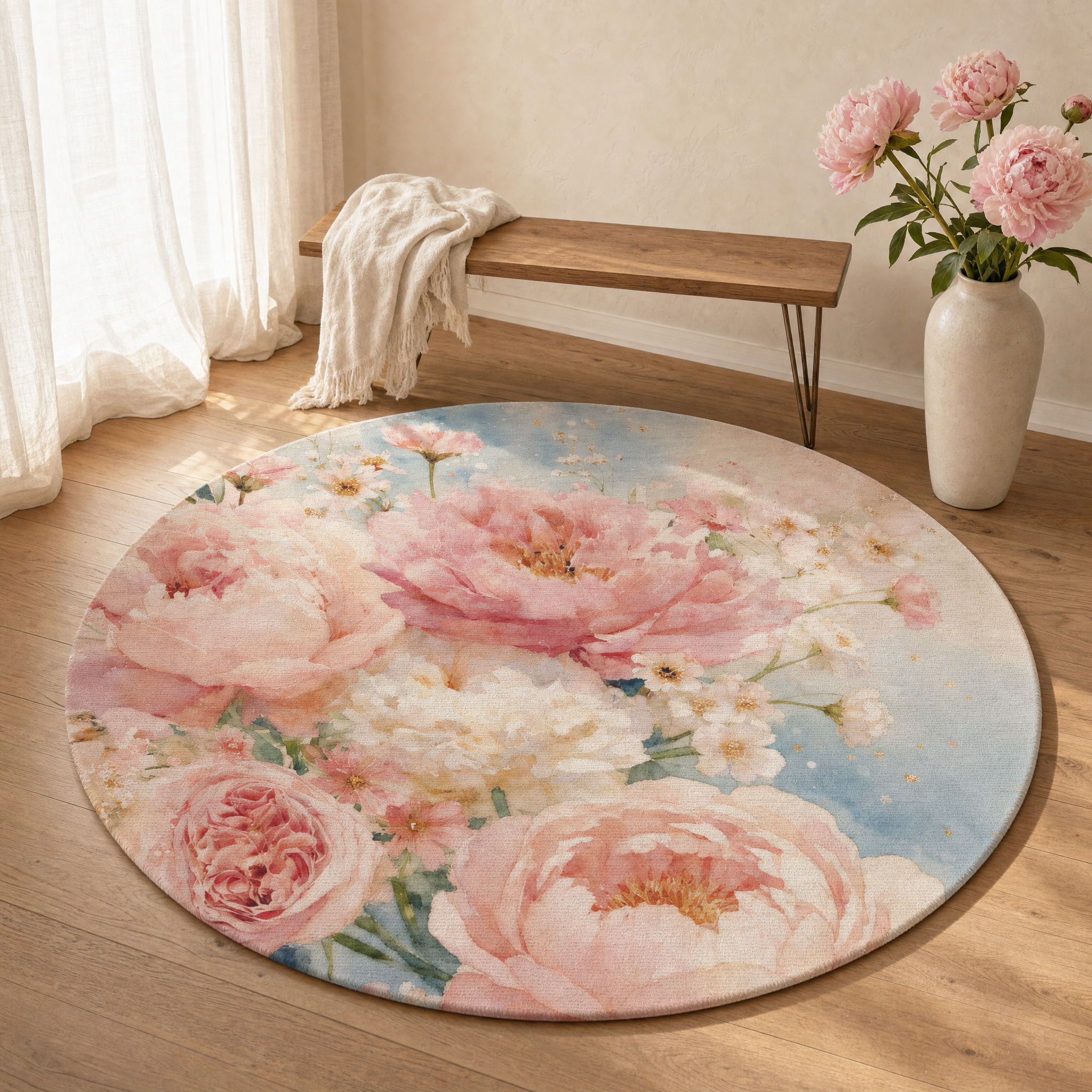 A 60-inch round vintage peony rug beside a sheer-curtained window in a soft cottagecore interior, morning light pooling across the floor.