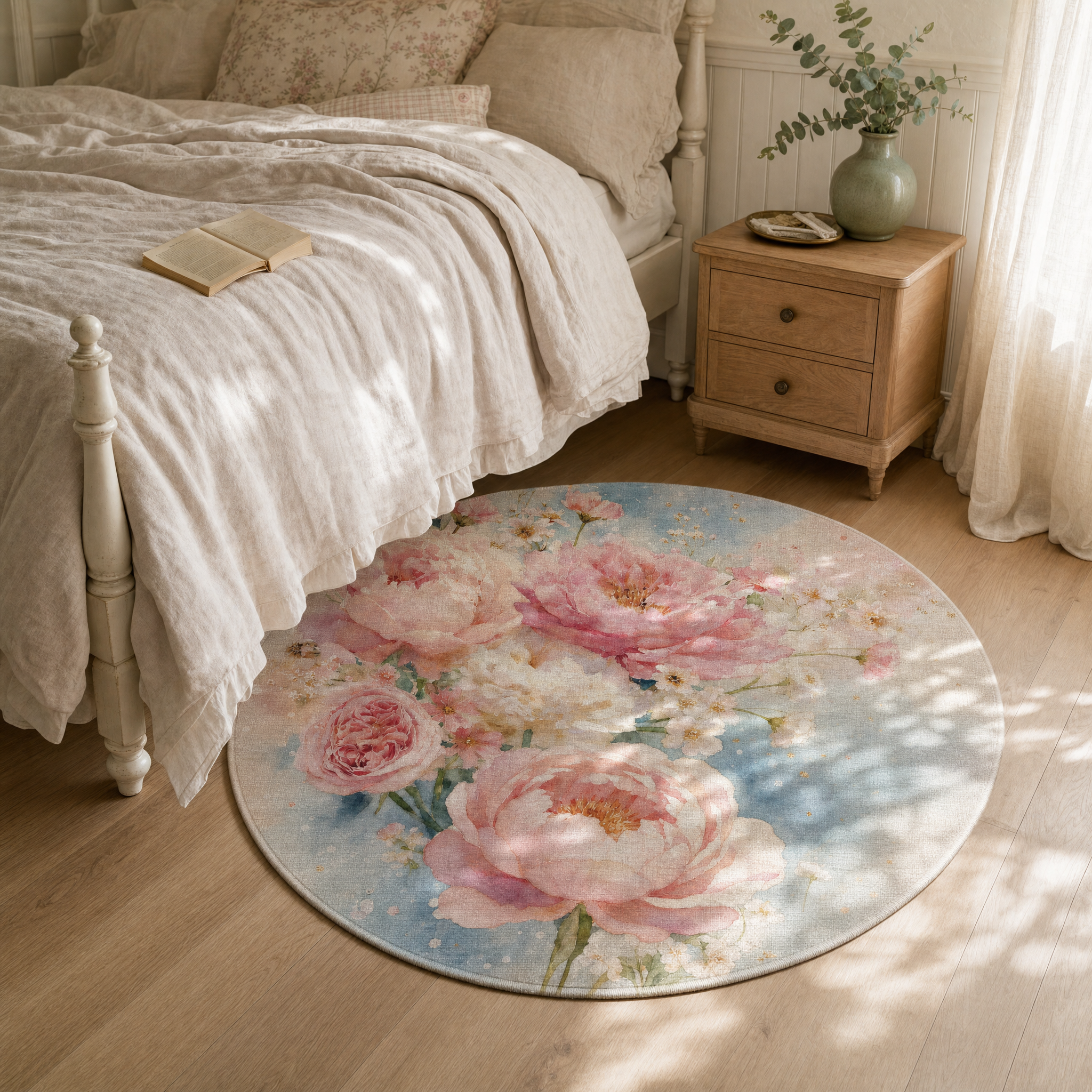 A round peony rug at the foot of a soft linen bed in a cottagecore bedroom, morning light, wood nightstand with open book.