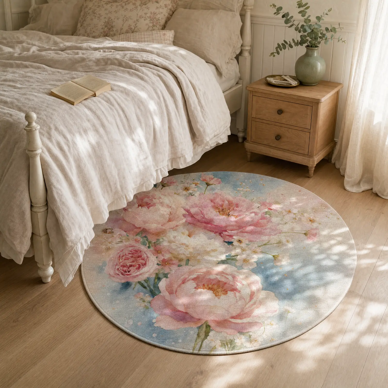A round peony rug at the foot of a soft linen bed in a cottagecore bedroom, morning light, wood nightstand with open book.