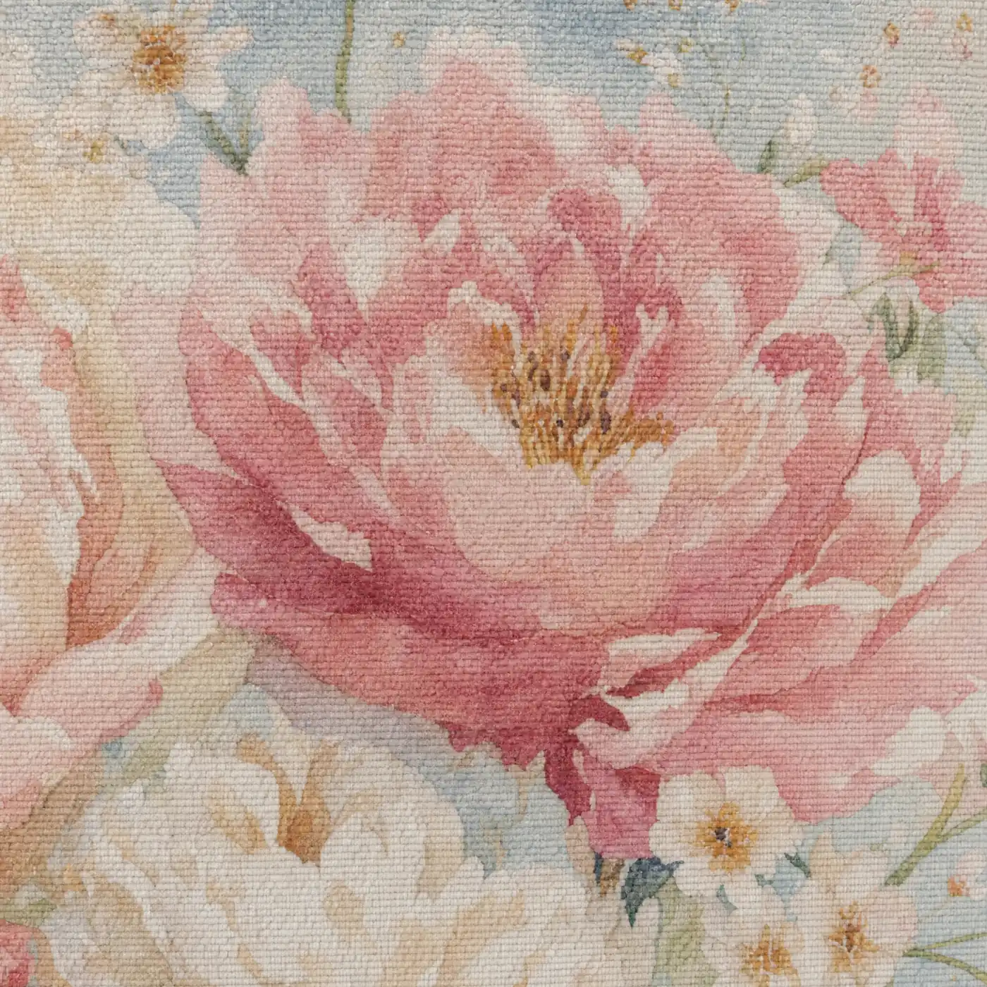Macro detail of the chenille texture and watercolor peony print — soft pile, blush and cream petals, fine gold accents.
