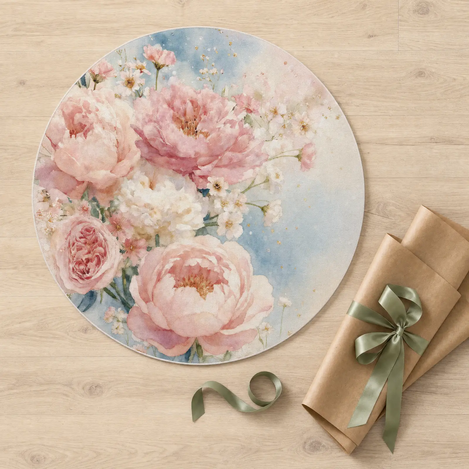 A round peony rug in kraft paper wrapping with a sage ribbon, a small bouquet of fresh peonies tucked alongside, on a soft marble surface.