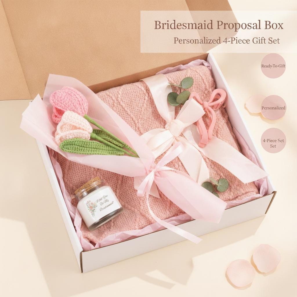 Personalized bridesmaid proposal gift box — a kraft box holding a custom Will You Be My Bridesmaid soy candle, a blush pink mini plush blanket, a handmade crochet flower bouquet, and a satin bow hair clip.