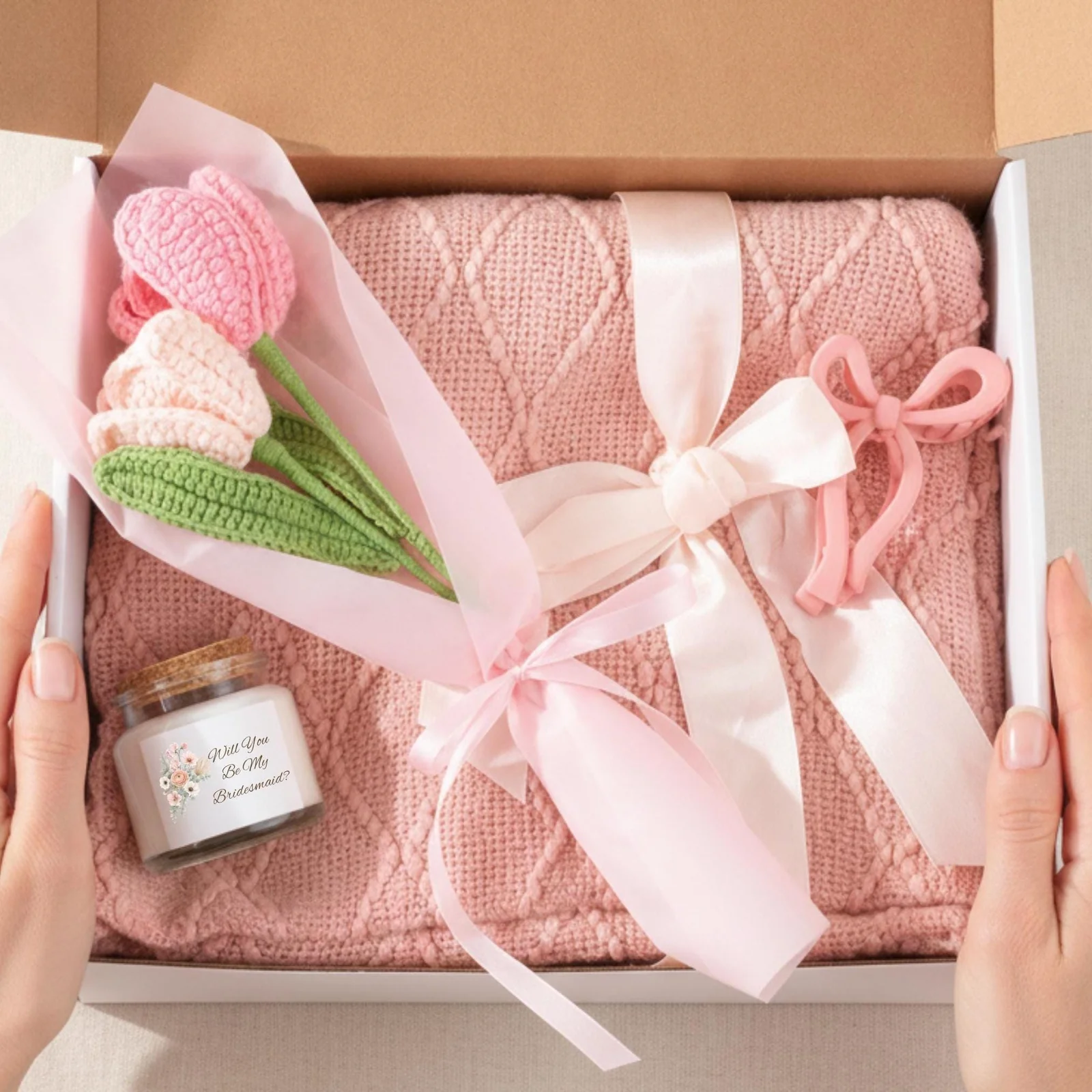 Close-up of the personalized Will You Be My Bridesmaid soy candle with a custom label, the asking centerpiece of the gift box.