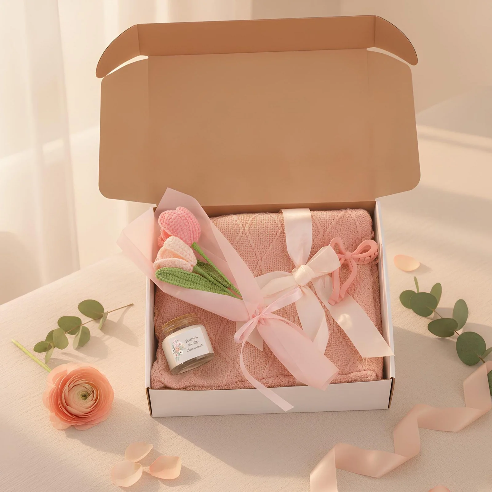The blush pink mini plush throw blanket from the bridesmaid proposal gift box, soft and folded.