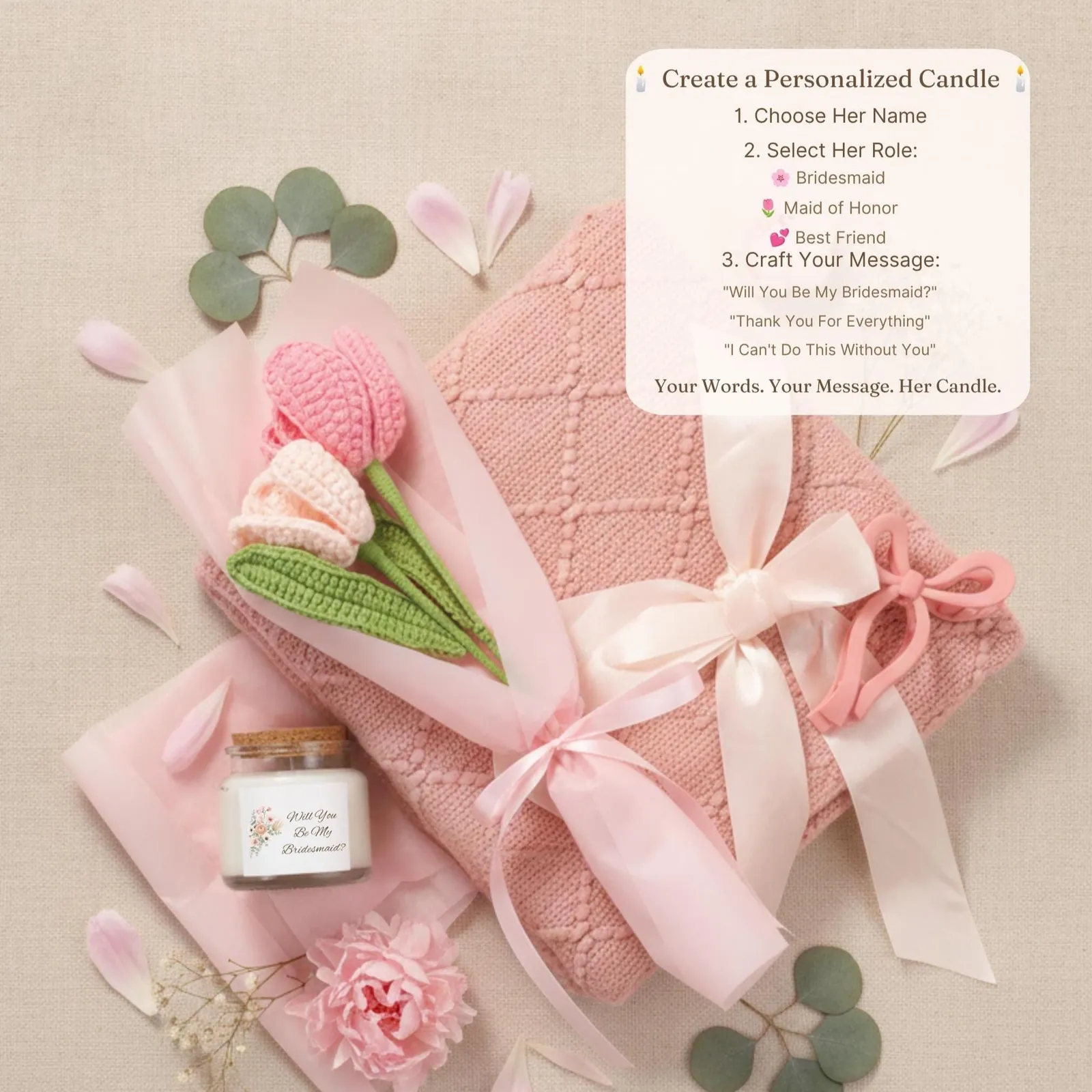 The handmade crochet flower bouquet keepsake from the Willow Mist Home bridesmaid proposal box.
