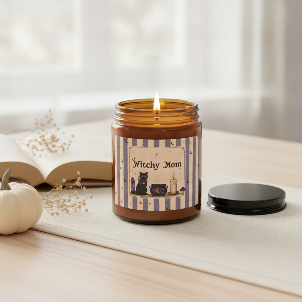 Witchy Mom soy candle lit in an amber glass jar with a black cat and cauldron label, beside an open book and a small white pumpkin on a bright table.