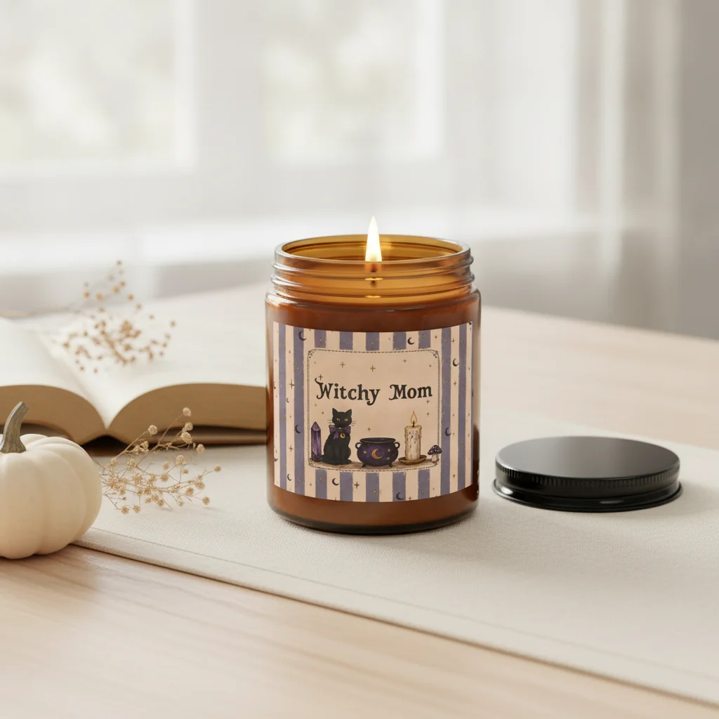 Witchy Mom soy candle lit in an amber glass jar with a black cat and cauldron label, beside an open book and a small white pumpkin on a bright table.