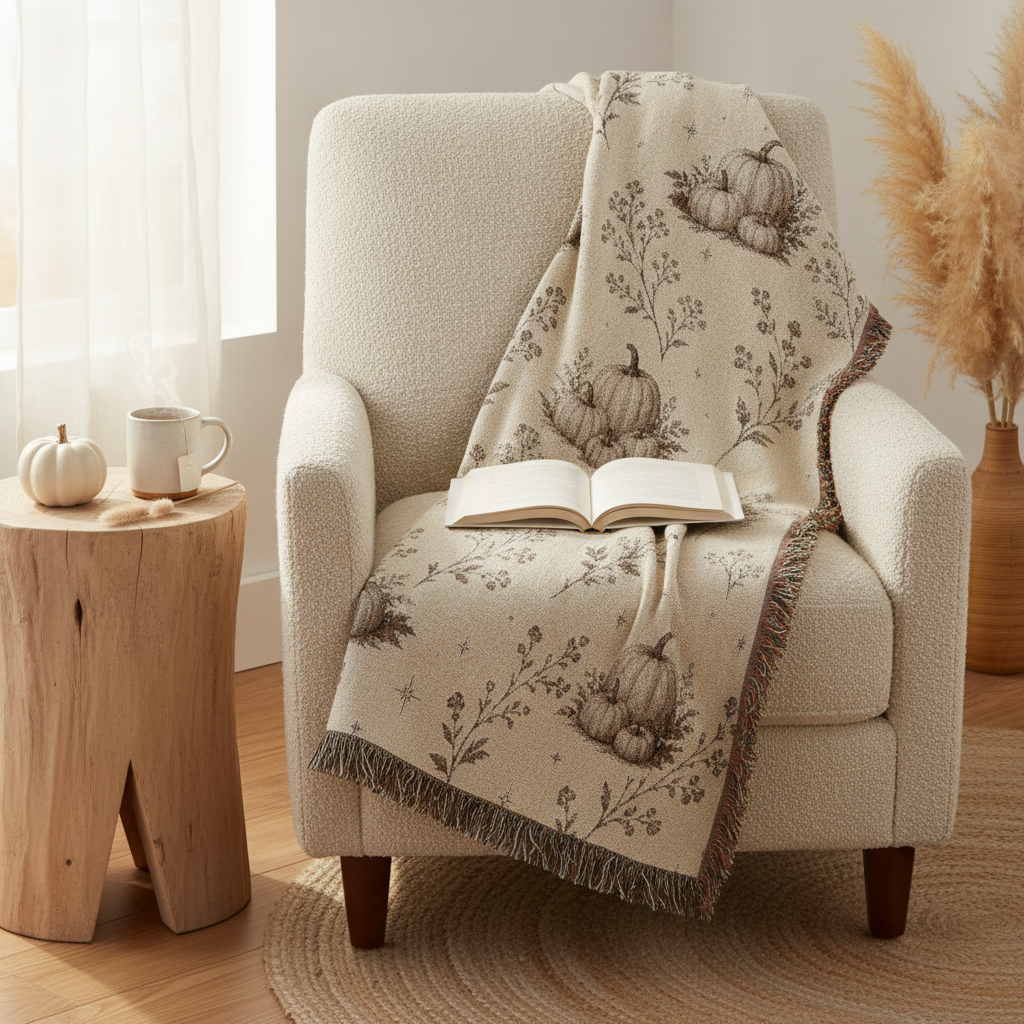Neutral boho pumpkin woven throw blanket in cream with sepia pumpkins and fringe, draped over a chair in a cozy reading nook with a book and tea.