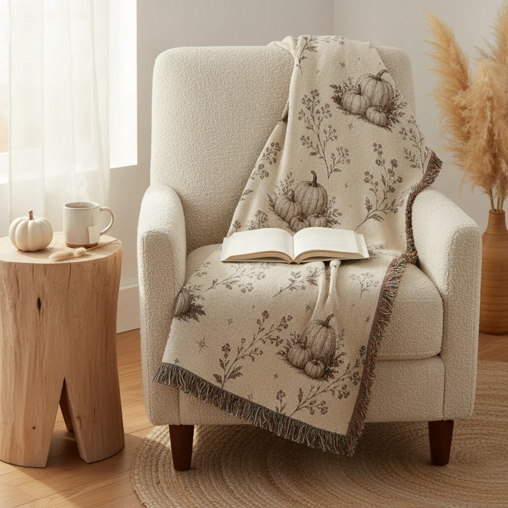 Neutral boho pumpkin woven throw blanket in cream with sepia pumpkins and fringe, draped over a chair in a cozy reading nook with a book and tea.
